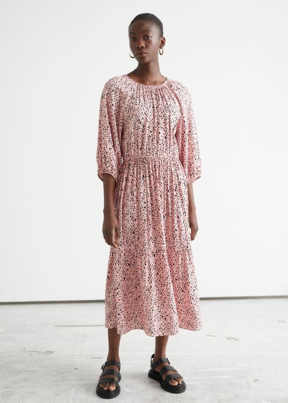 & Other Stories Pink Black Keyhole Tie Neck Puff Sleeve Midi Dress Sz EU 36 US 6